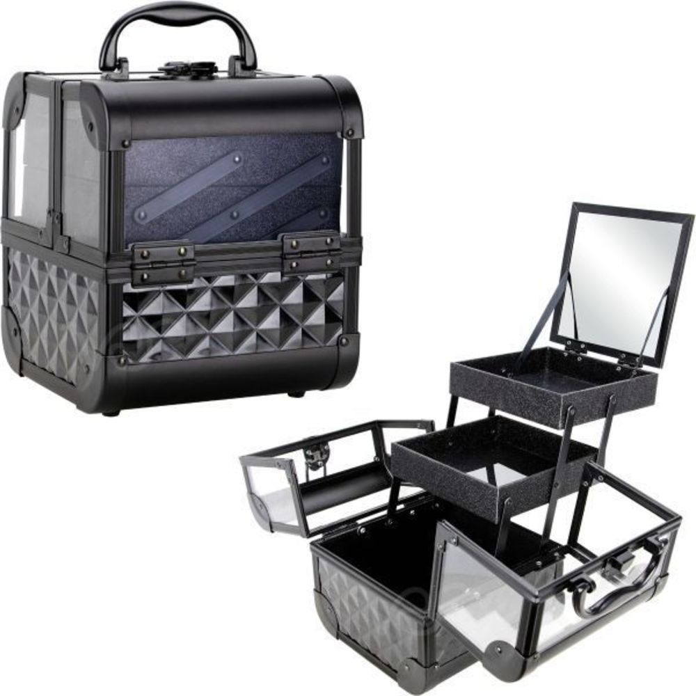 Cosmetics Makeup Train Case with Mirror Black Diamond Acrylic Aluminum Case 2-Ti